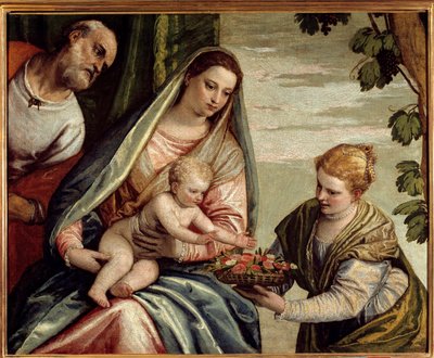 Den hellige familie med en giver (Saint Dorothee) Maleri av Paolo Veronese (1528-1588) 1500-tallet Søn. 0,76x0,94 m Bordeaux, Musee des Beaux Arts - Den hellige familie med en giver (Saint-Dorothea). Maleri av Veronese (Paolo Caliari) (1528-1588) av Veronese