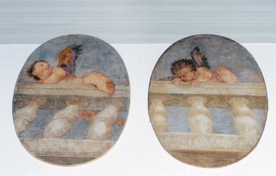 To bevingede putti som klatrer over en balustrade, rundeller fra sakristiet (fresco) av Veronese