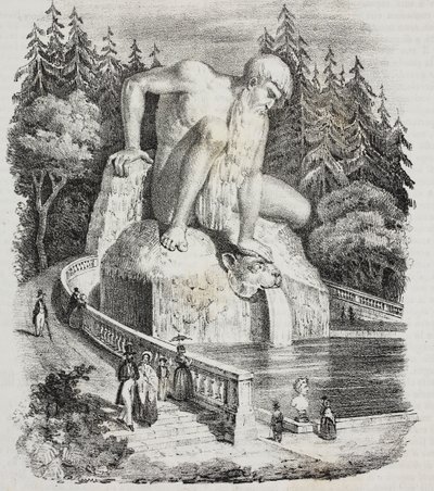 Colossus of Apennines (av Giambologna) i parken til Villa Demidoff (Villa Medicea of ​​Pratolino), Vaglia, Toscana, Italia, litografi av Giovanni Mariani fra Poliorama Pittoresco, n 10, 15. oktober av Giambologna
