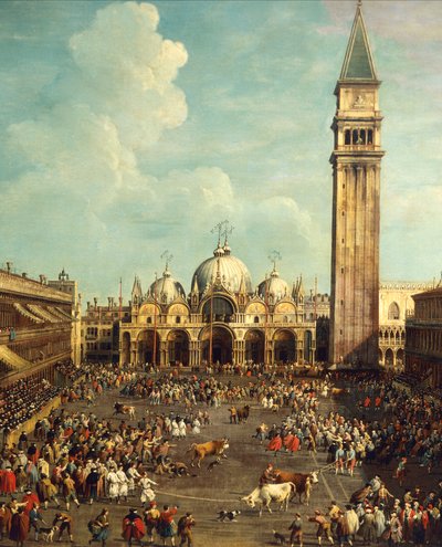 Tyrefekting eller oksejakt på Piazza San Marco, av Giovanni Antonio Canal (1697-1768) og av Giovanni Battista Cimaroli (1687-etter 1753), olje på lerret, 99x145 cm av Canaletto