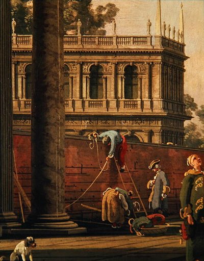 Capriccio av en mann som skalerer en vegg (olje på lerret) av Canaletto