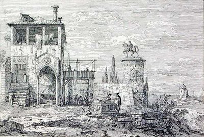 Landskap med et ryttermonument (gravering) av Canaletto