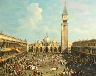 Tyrefekting eller oksejakt på Piazza San Marco, av Giovanni Antonio Canal (1697-1768) og av Giovanni Battista Cimaroli (1687-etter 1753), olje på lerret, 99x145 cm av Canaletto