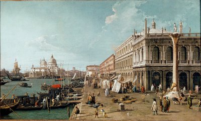 Utsikt over Molo, Biblioteca Marciana og St. Theodore-søylen, Venezia av Canaletto