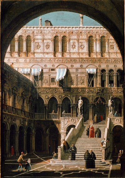 Utsikt over kjempetrappen, hertugpalasset i Venezia (olje på lerret av Canaletto