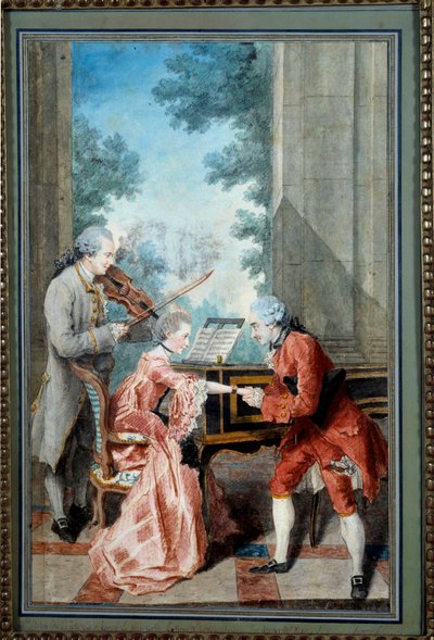 Mademoiselle Delou, Monsieur Philippe og Monsieur de Texier En gentleman hyller en ung pianist. Akvarell av Louis Carrogis, dit Carmontelle (1717-1806) Paris fra 1700-tallet, Musee Carnavalet - Mademoiselle Delou, Monsieur Philippe og Monsieur d av Carmontelle