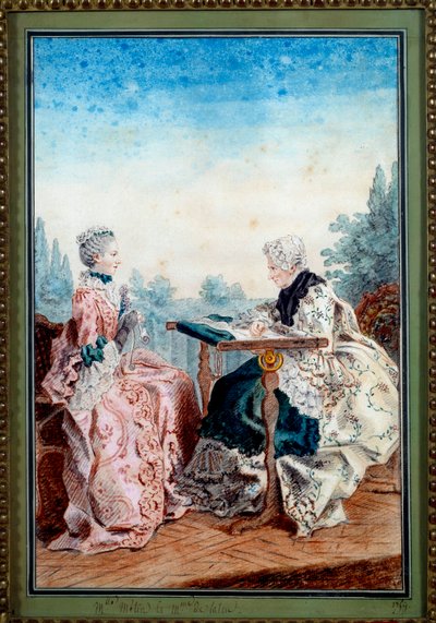 Mademoiselle Melin og Mademoiselle de Laleu gjør akvarellteppe av Louis carrogis dit Carmontelle (1717-1806) 1759. Paris, Musee Carnavalet av Carmontelle