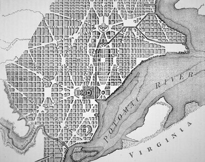 Plan for byen Washington som opprinnelig lagt ut i 1793 (gravering) av (after) American School