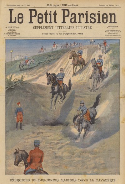 Fransk kavaleri øver på raske bratte nedstigninger på hesteryggen (farge litho) av (after) Carrey