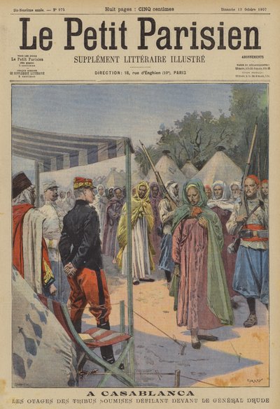 Gisler fra underkuede marokkanske stammer som marsjerer forbi general Drude ved Casablanca (farge litho) av (after) Carrey