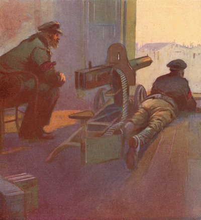 Røde vakter med et maskingevær peker ut av vinduet til en bygning, russisk revolusjon av (after) Carrey