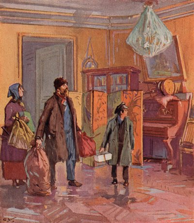Russisk arbeiderklassefamilie som tar en borgerlig leilighet i besittelse etter revolusjonen (farge litho) av (after) Carrey