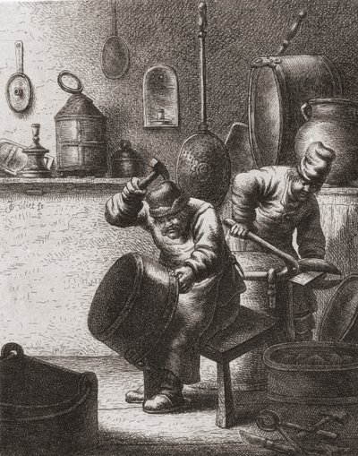 Kobbersmeder i arbeid på 1600-tallet (trykk) av (after) Dutch School