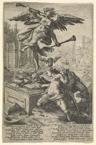 Berømmelse og historie, etter 1586 (gravering på lagt papir) av (after) Dutch School