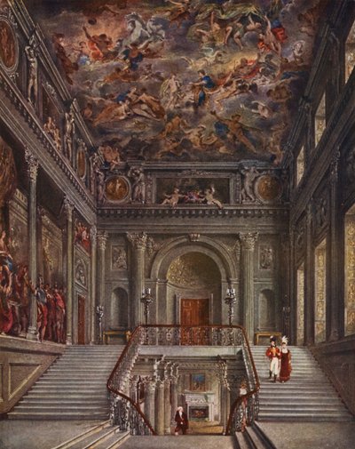 Buckingham Palace: Den malte trappen, Buckingham House (fargelitografi) av (after) English School