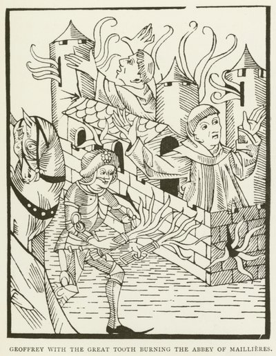 Geoffrey med den store tannen som brenner Abbey of Maillieres (gravering) av (after) English School