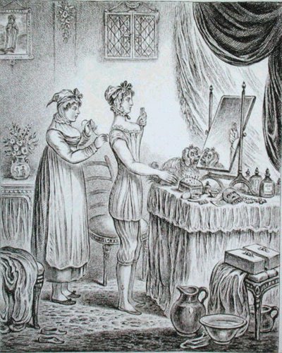 Progress of the Toilet: the Stays, etset av James Gillray (1757-1815) utgitt av Hannah Humphrey i 1810 (etsing) av (after) English School