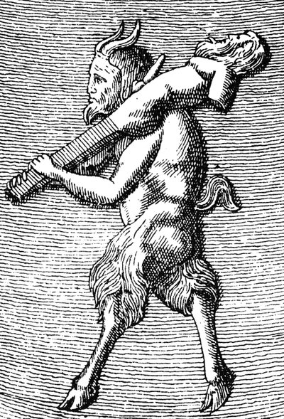 Satyr som bærer en herm, detalj fra et lite bærbart tempel dedikert til tilbedelsen av Priapus (gravering) (detalj av 405756) av (after) English School