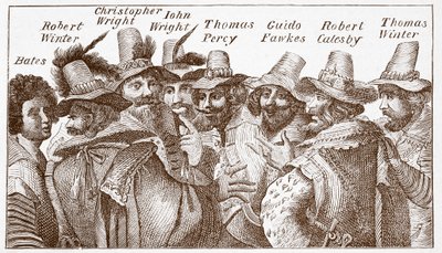 The Gunpowder Plot Conspirators, etter en gravering (gravering) fra 1606 av (after) English School
