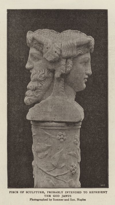 Skulpturstykke, sannsynligvis ment å representere guden Janus (s/hv-bilde) av (after) English photographer