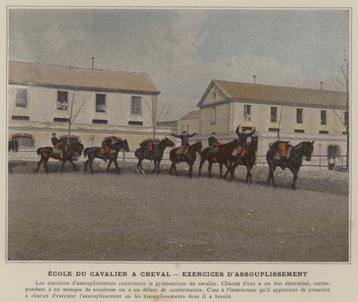 Rytterskolen til hest, tøyningsøvelser (farget bilde) av (after) French Photographer