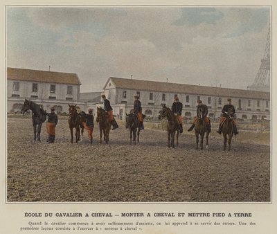 Rytterskolen til hest, ridning og avstigning (farget bilde) av (after) French Photographer