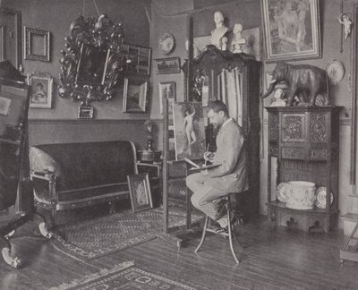 Den franske maleren Henri Gervex i atelieret hans (s/hv-bilde) av (after) French Photographer