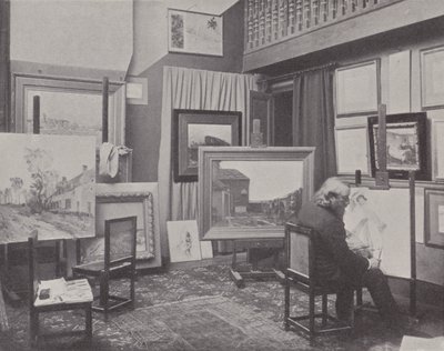 Den franske maleren Jean Charles Cazin i studioet hans (s/hv-bilde) av (after) French Photographer