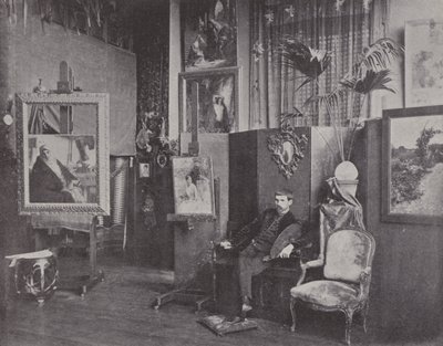 Den franske maleren Pascal Dagnan-Bouveret i atelieret hans (s/hv-bilde) av (after) French Photographer