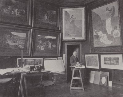Den franske maleren Pierre Puvis de Chavannes i atelieret hans (s/hv-bilde) av (after) French Photographer
