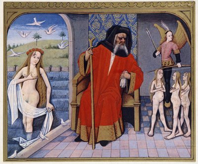 Afrodite, Hephaistos, Eros (Cupid) og veldedighetsorganisasjoner - fra en belysning fra 1400-tallet av (after) French School