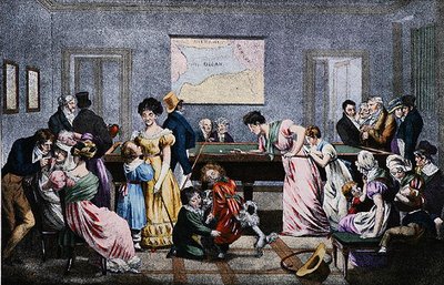 Biljardrom i det nittende århundre, gravert av Market (farge litho) av (after) French School