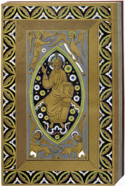 Kristus i Mandorla med symbolene til de 4 evangelistene (Tetramorph). Litografi som gjengir en e-postert innbinding fra 1200-tallet. av (after) French School