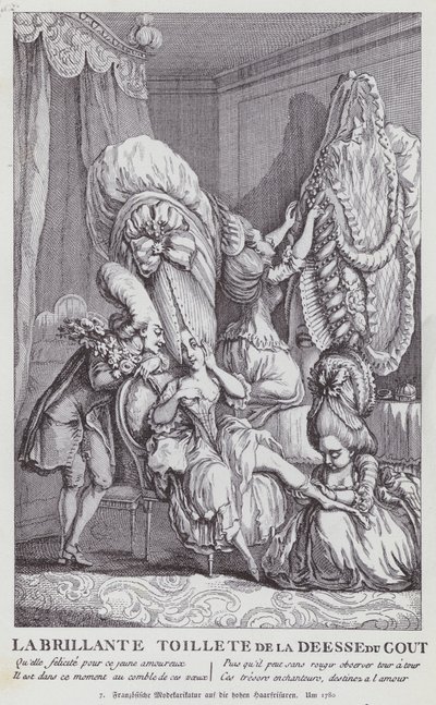 Fransk tegneserie med datidens kvinnefrisyrer av (after) French School