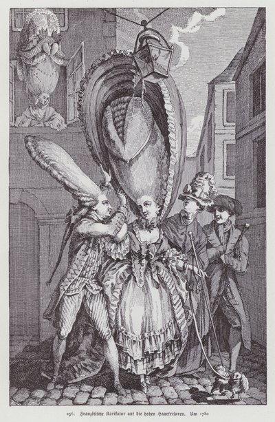 Fransk tegneserie med datidens kvinnefrisyrer av (after) French School