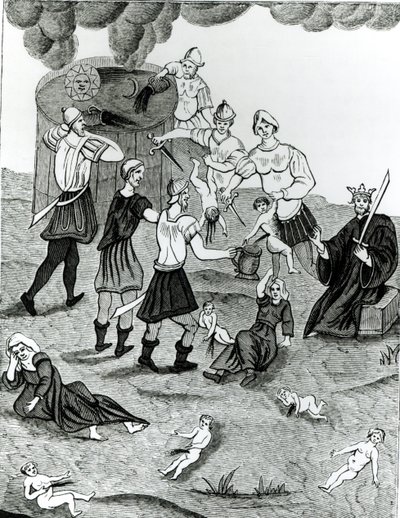 Jøder tar blod fra kristne barn for sine mystiske ritualer, etter en tegning i #39;Abraham jødenes kabbalabok#39; (lito) (s/h-foto) av (after) French School