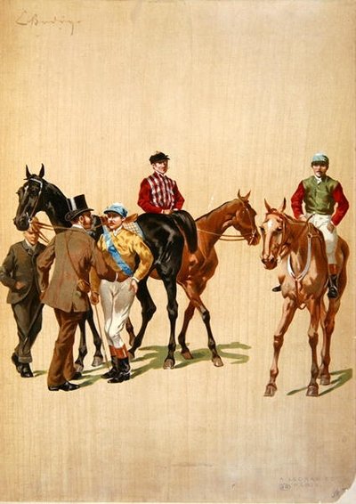 Jockeyer på veddeløpsbanen, ca. 1875 (farge litho) av (after) French School