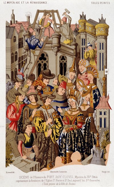 Scene av historien til Fort Roy de Clovis. Mysteriet fra det 15. århundre som representerer grunnlaget for kirken St. Peter og St. Paul, i dag Saint Genevieve. (fra) Malt lerret av byen Reims. av (after) French School