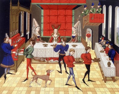 Bordservering i en chatelaine - faksimile av en miniatyr av Renaud de Montaubans romerske av (after) French School