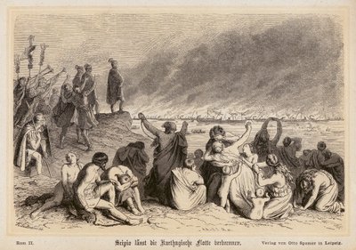 Scipio Africanus brenner den karthagiske flåten (gravering) av (after) German School