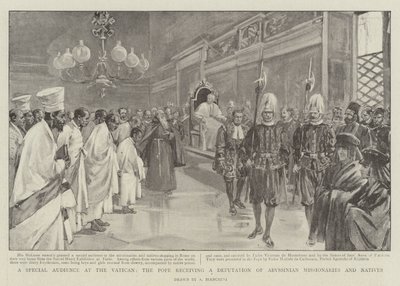 Et spesielt publikum i Vatikanet, paven som mottar en deputasjon av abessiniske misjonærer og innfødte (litho) av (after) Italian School