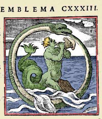 En triton og en ouroboros, illustrasjon "Emblems" (Emblemer av heftet) av Andrea Alciati (farge litho) av (after) Italian School