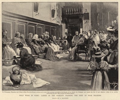 Holy Week in Roma, Damer av adelen vasker føttene til fattige pilegrimer (litho) av (after) Italian School