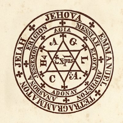 Okkulte vitenskaper: magisk sirkel. Skjema fra "" De Occulta Philosophia "" av den tyske okkultistiske lærde Henry Cornelius Agrippa av Nettesheim (1486-1535) (kjent som Cornelius Agrippa eller Agrippa av Nettesheim) av (after) Italian School