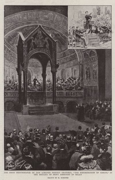 Den første fremførelsen av Don Lorenzo Perosi sitt oratorium, "Kristi oppstandelse," i basilikaen Saint Ambrogio i Milano (litho) av (after) Italian School