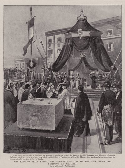 Kongen av Italia legger grunnsteinen til den nye kommunale bygningen i Cagliari (litho) av (after) Italian School