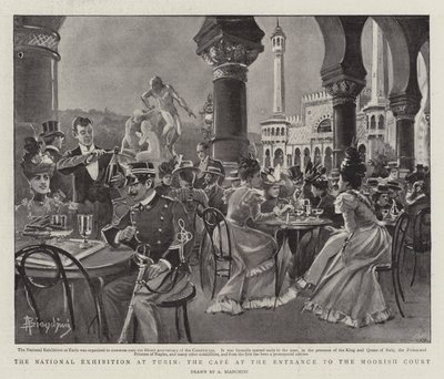 Nasjonalutstillingen i Torino, kafeen ved inngangen til den mauriske domstolen (litho) av (after) Italian School