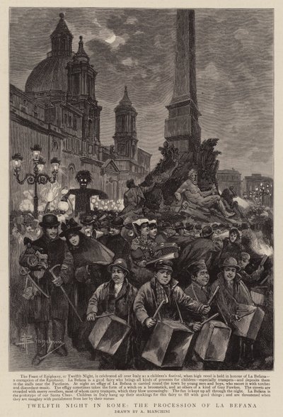 Tolvte natt i Roma, prosesjonen til La Befana (gravering) av (after) Italian School