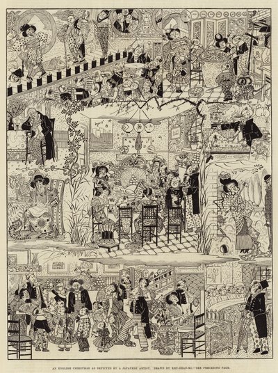 En engelsk jul som avbildet av en japansk kunstner (gravering) av (after) Japanese School