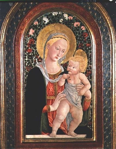 Madonna og barn, barn som står og holder en fugl av (after) Pier Francesco Fiorentino